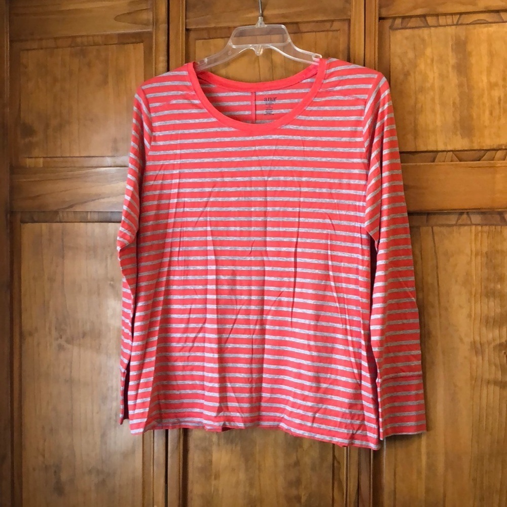 a.n.a Coral & Grey Long Sleeve Stripe Tee 1X